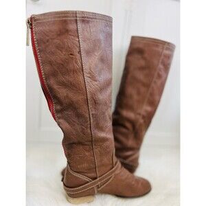 Breckelles Outlaw 81 Brown Knee High Riding Boots Red Back Zip Moto Equestrian 9